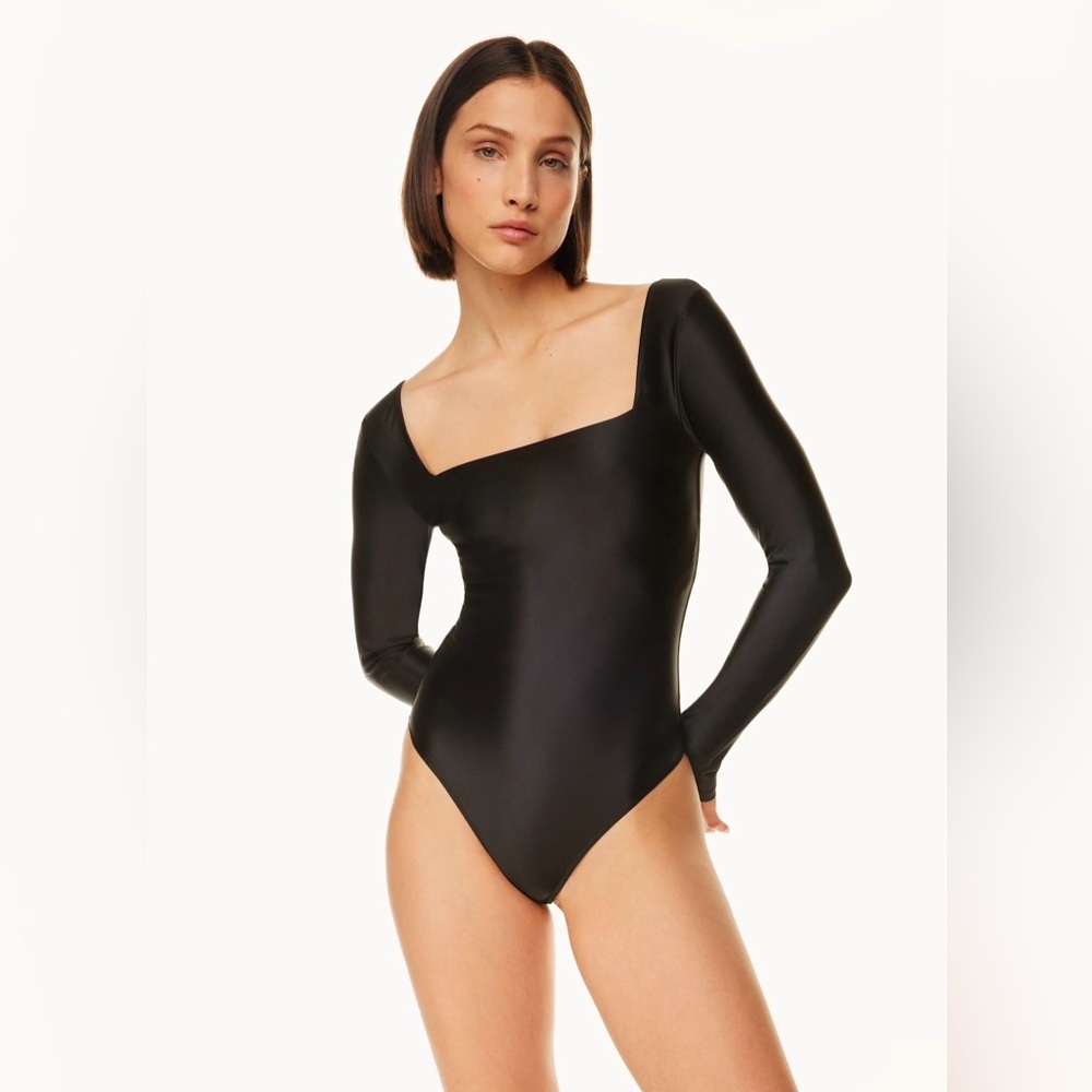 Aritzia Babaton Satinette Square-Neck Long Sleeve Bodysuit S Brown Effortless - Picture 2 of 6